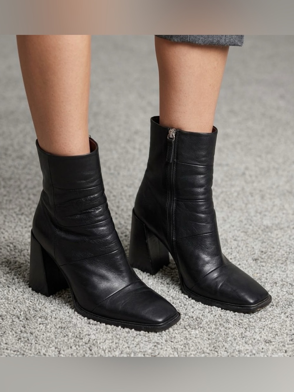 Topshop Black Genuine Leather Block Heel Square Toe Boots Women’s 38 US 7.5